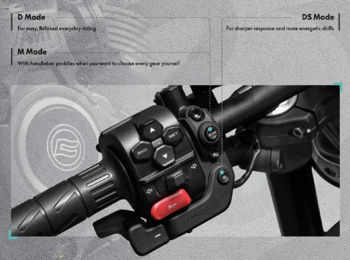 comandos modos de manejo cfmoto 450cl c amt La nueva CFMOTO 450CL-C AMT ahora con transmisión automática 2 CFMOTO 450CL-C AMT selector de modos de manejo de una moto con transmisión automática