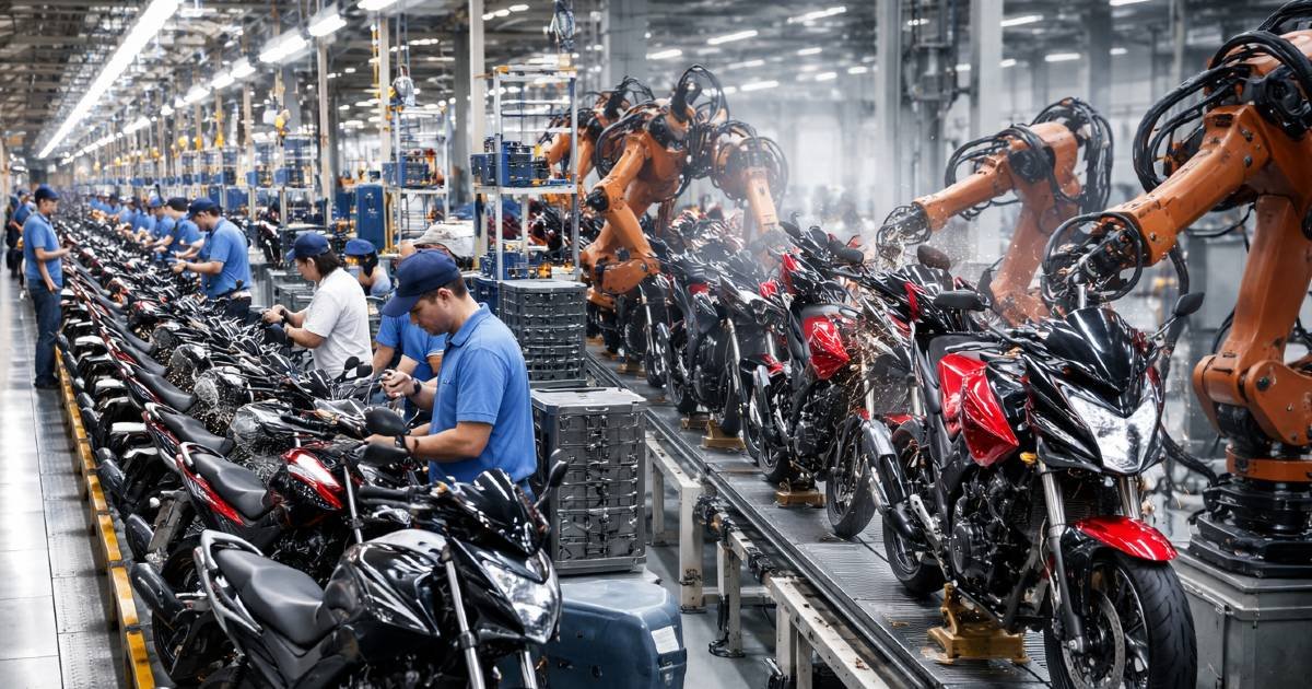 imagen de IA sobre líneas de producción de motocicletas chinas, pasado y presente